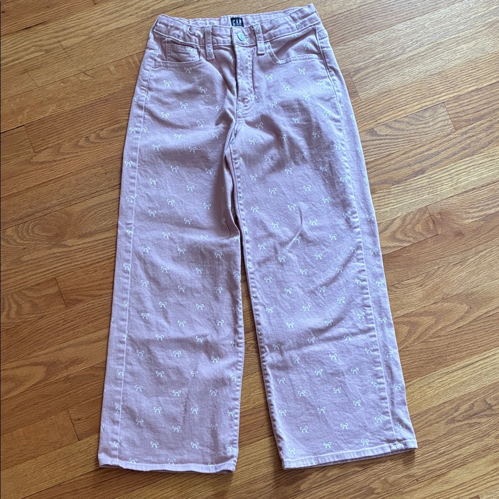 Pink Wide-Leg Denim Pants with Bow Pattern
